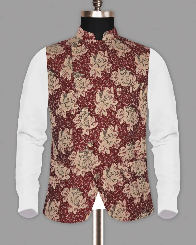 Cream With Red Rose Jacquard Textured Designer Nehru Jacket 5