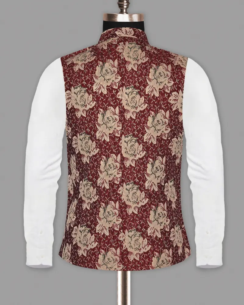 Cream With Red Rose Jacquard Textured Designer Nehru Jacket 6