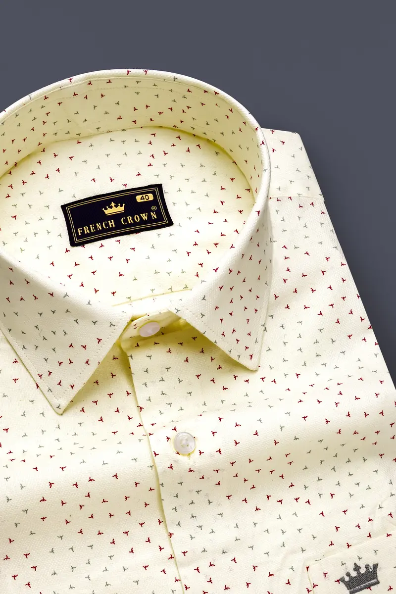 Creamed-Scotch Mist Cream Printed Dobby Textured Premium Giza Cotton Semi Formal Shirt 1