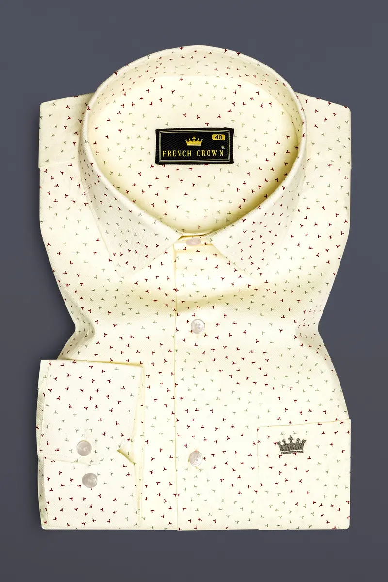 Creamed-Scotch Mist Cream Printed Dobby Textured Premium Giza Cotton Semi Formal Shirt 3