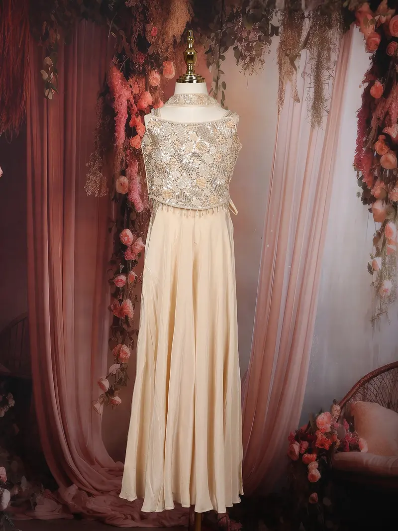 Creamy Beige Sequins And Beads Embroidered Design Crepe Kids Palazzo Suit 1