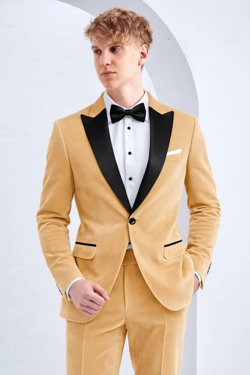 Crema-Tumbleweed Cream Velvet Peak Lapel Tuxedo Blazer 10