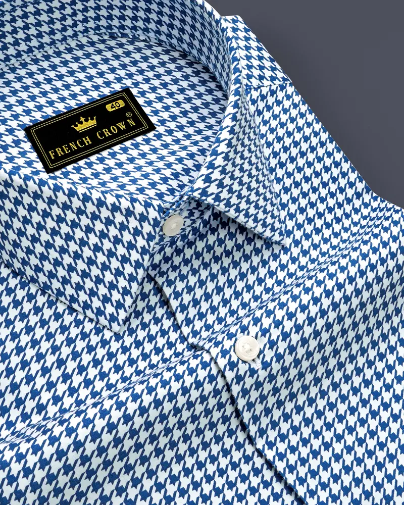 Creston-Lapis Blue And Bright White Houndstooth Printed Subtle Sheen Super Soft Premium Cotton Dress Shirt 1