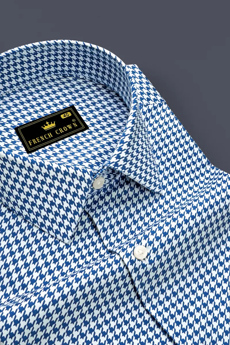 Creston-Lapis Blue And Bright White Houndstooth Printed Subtle Sheen Super Soft Premium Cotton Dress Shirt 2