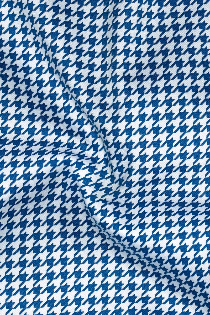 Creston-Lapis Blue And Bright White Houndstooth Printed Subtle Sheen Super Soft Premium Cotton Dress Shirt 3