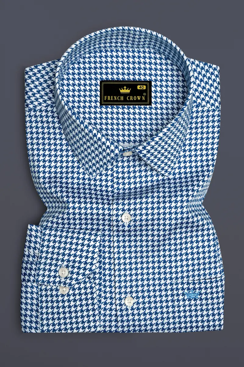 Creston-Lapis Blue And Bright White Houndstooth Printed Subtle Sheen Super Soft Premium Cotton Dress Shirt 4
