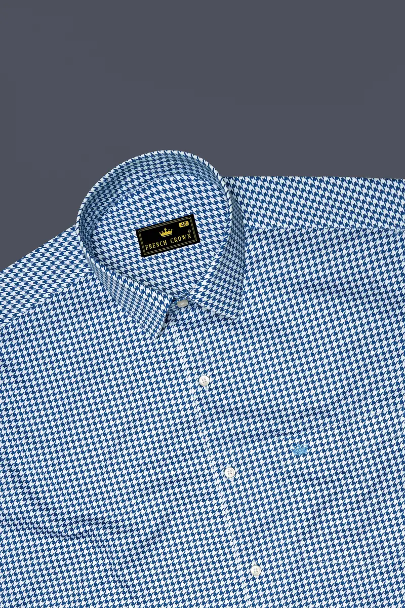 Creston-Lapis Blue And Bright White Houndstooth Printed Subtle Sheen Super Soft Premium Cotton Dress Shirt 5