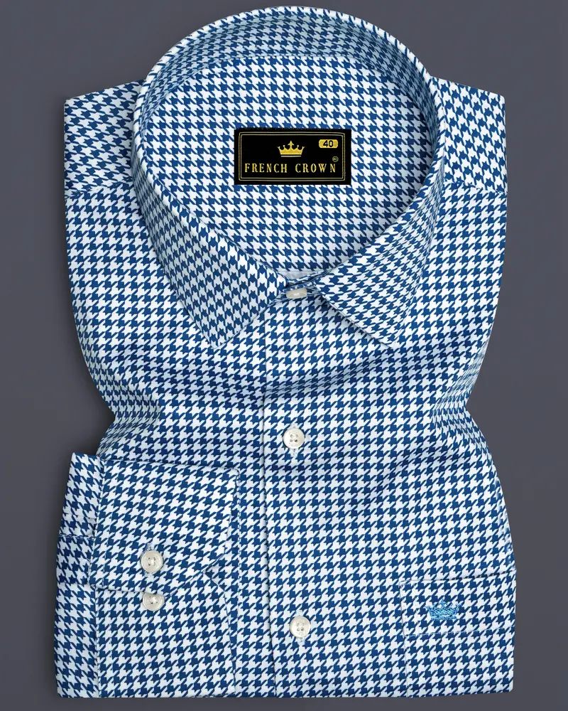 Creston-Lapis Blue And Bright White Houndstooth Printed Subtle Sheen Super Soft Premium Cotton Dress Shirt 6