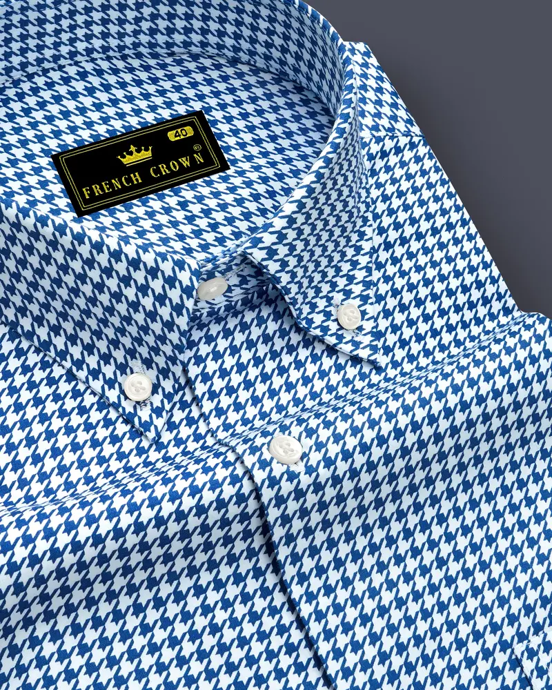 Creston-Lapis Blue And Bright White Houndstooth Printed Super Soft Premium Cotton Button Down Dress Shirt 1