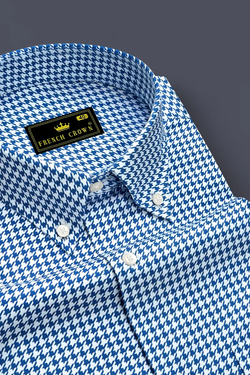 Creston-Lapis Blue And Bright White Houndstooth Printed Super Soft Premium Cotton Button Down Dress Shirt 2