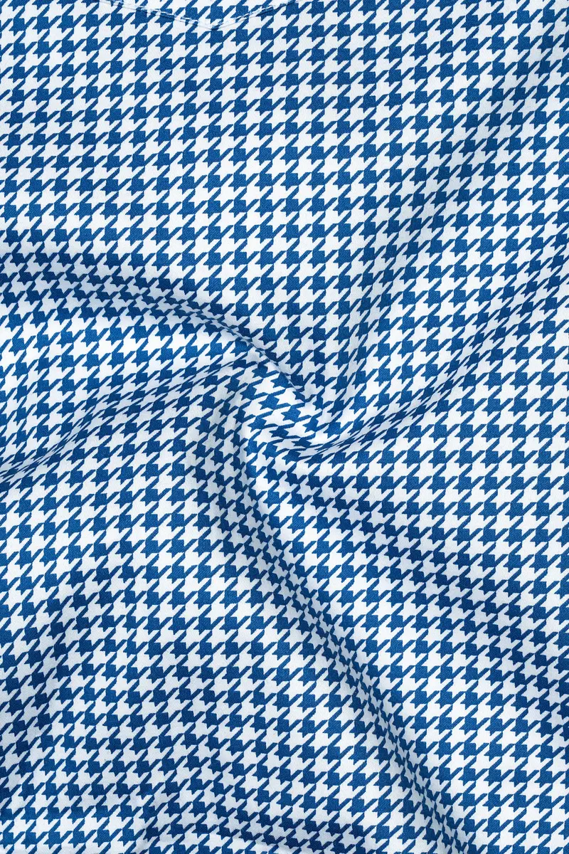 Creston-Lapis Blue And Bright White Houndstooth Printed Super Soft Premium Cotton Button Down Dress Shirt 3