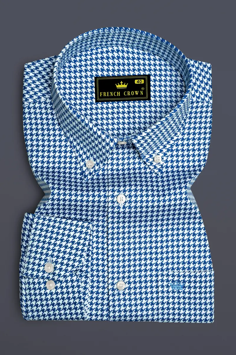 Creston-Lapis Blue And Bright White Houndstooth Printed Super Soft Premium Cotton Button Down Dress Shirt 4