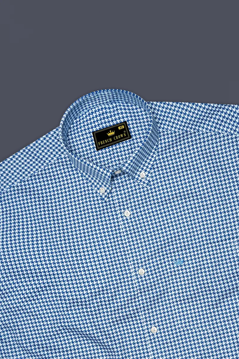 Creston-Lapis Blue And Bright White Houndstooth Printed Super Soft Premium Cotton Button Down Dress Shirt 5