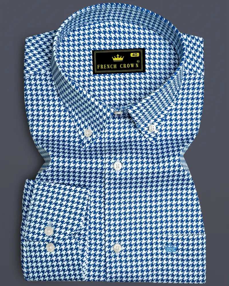 Creston-Lapis Blue And Bright White Houndstooth Printed Super Soft Premium Cotton Button Down Dress Shirt 6