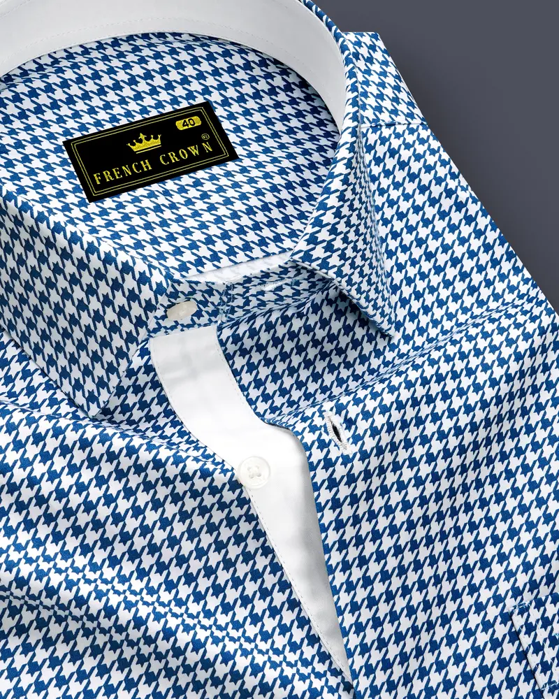 Creston-Lapis Blue And Bright White Houndstooth Printed Super Soft Premium Cotton Dress Shirt 1