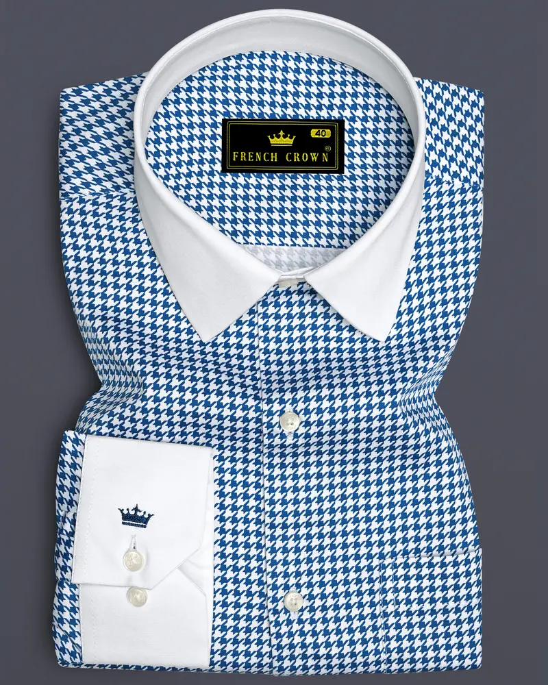 Creston-Lapis Blue And Bright White Houndstooth Printed Super Soft Premium Cotton Dress White Cuff Collar Shirt 1