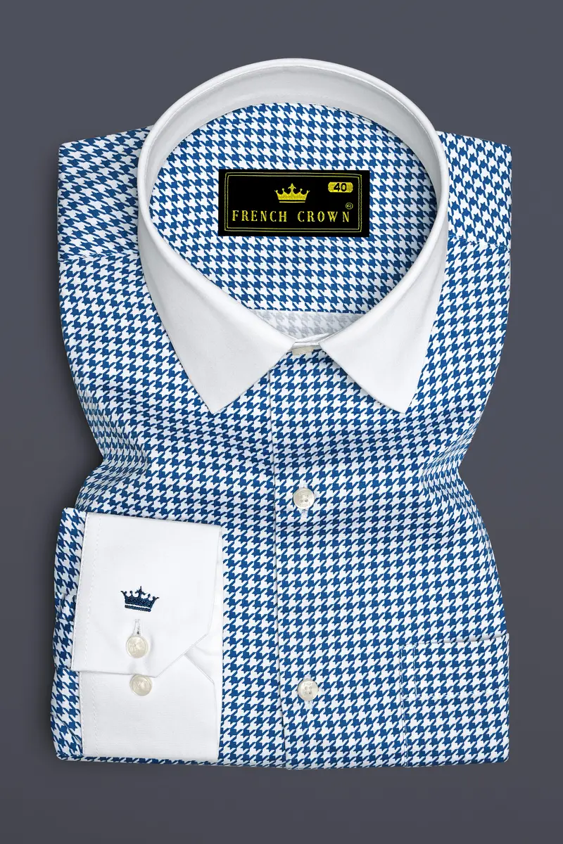 Creston-Lapis Blue And Bright White Houndstooth Printed Super Soft Premium Cotton Dress White Cuff Collar Shirt 2