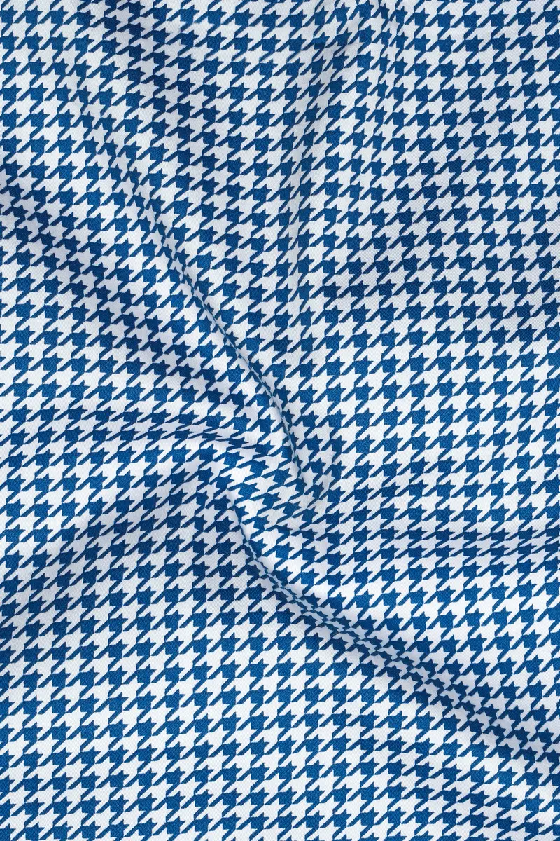 Creston-Lapis Blue And Bright White Houndstooth Printed Super Soft Premium Cotton Dress White Cuff Collar Shirt 3