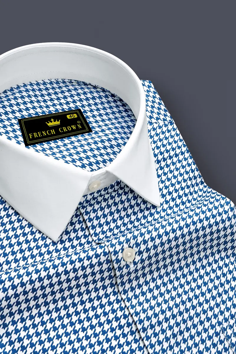 Creston-Lapis Blue And Bright White Houndstooth Printed Super Soft Premium Cotton Dress White Cuff Collar Shirt 4