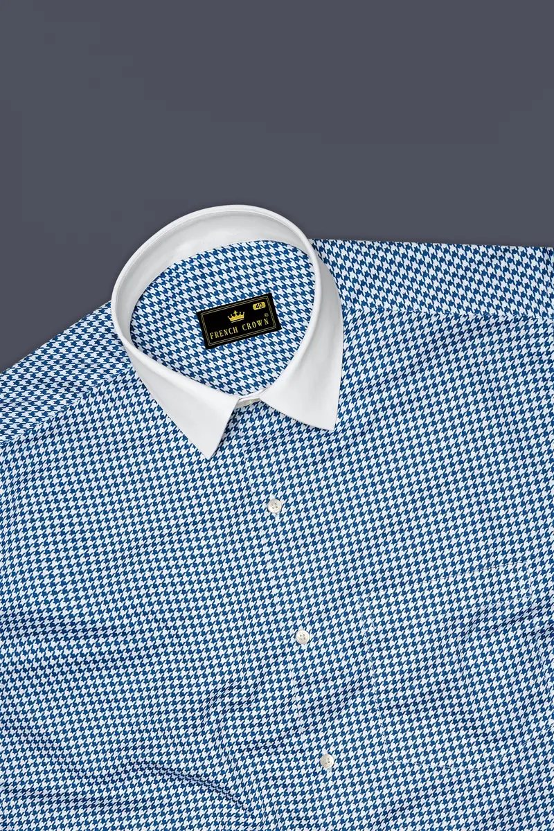 Creston-Lapis Blue And Bright White Houndstooth Printed Super Soft Premium Cotton Dress White Cuff Collar Shirt 5