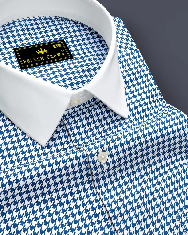 Creston-Lapis Blue And Bright White Houndstooth Printed Super Soft Premium Cotton Dress White Cuff Collar Shirt 6