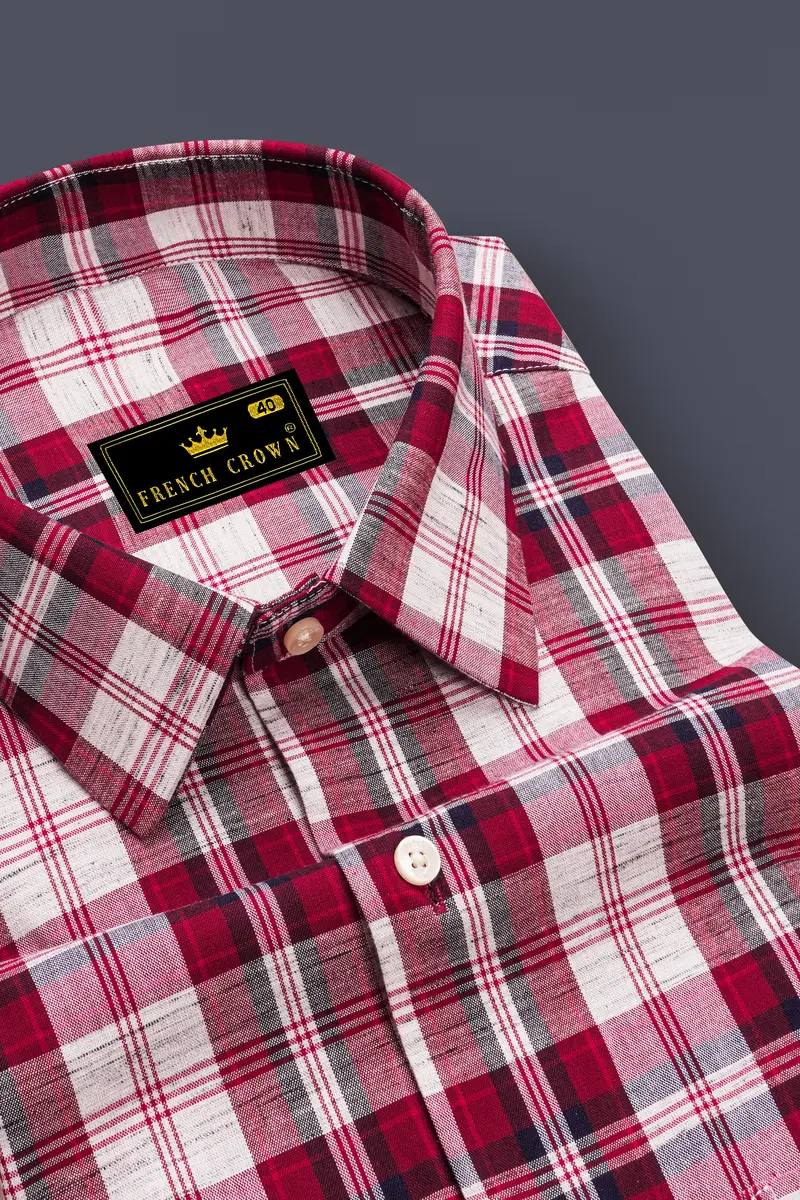 Crimoro-Paprika Red And Bright White Plaid Chambray Premium Cotton Casual Shirt 2