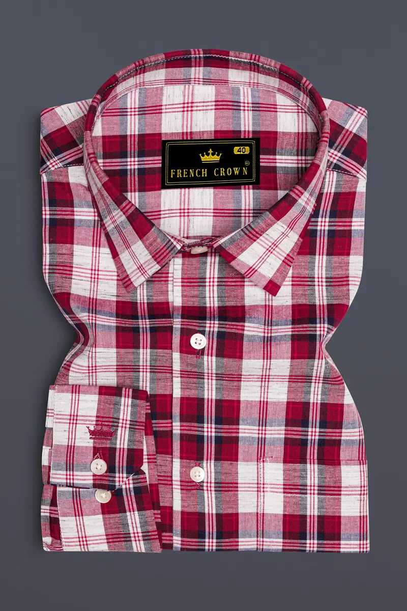 Crimoro-Paprika Red And Bright White Plaid Chambray Premium Cotton Casual Shirt 4
