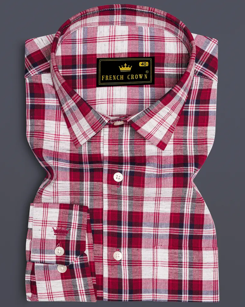Crimoro-Paprika Red And Bright White Plaid Chambray Premium Cotton Casual Shirt 6