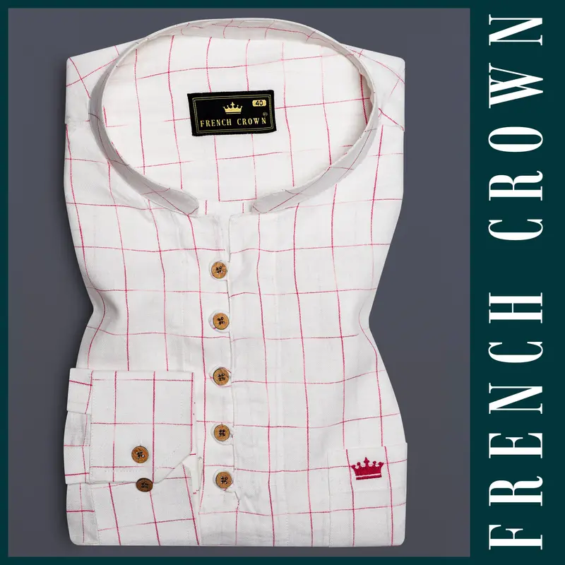 Crimson Haze-Off White And Shiraz Red Windowpane Luxurious Linen Kurta Shirt 1