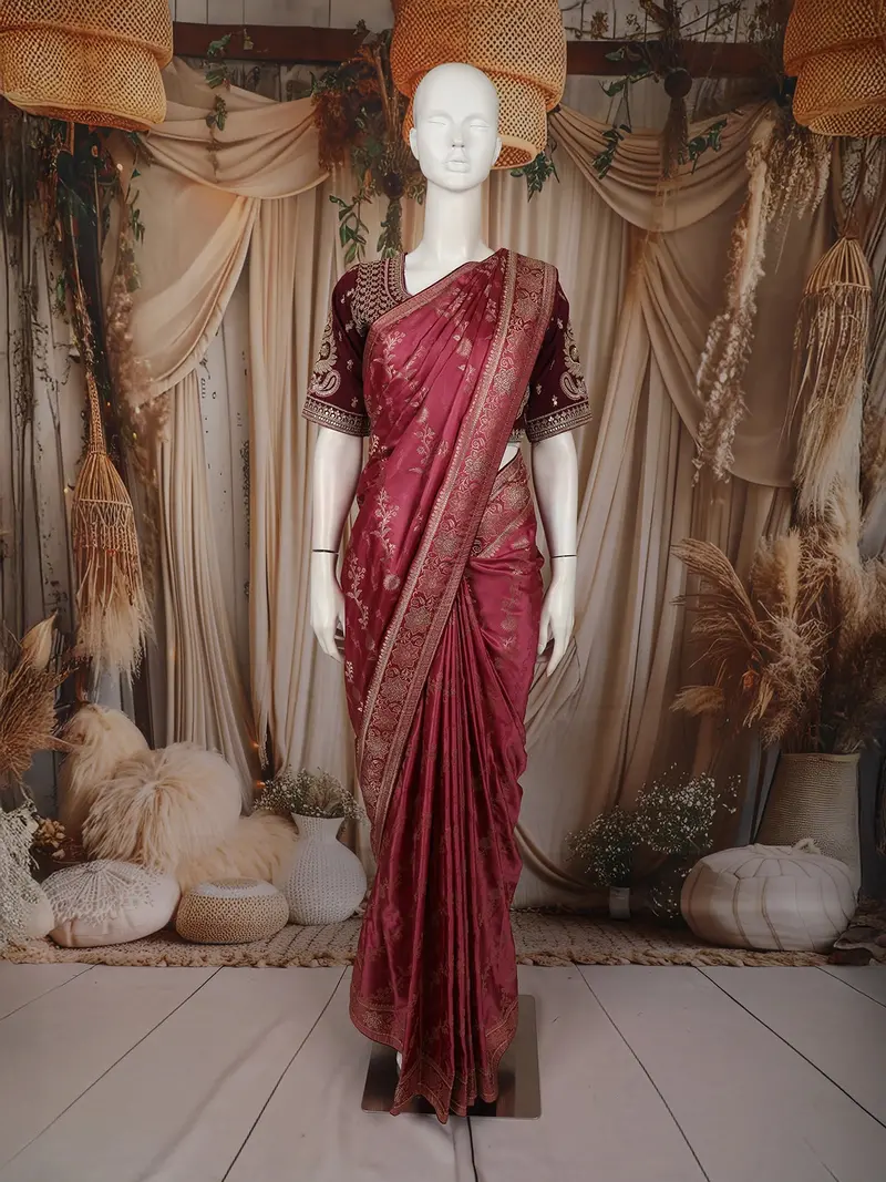 Crimson Pink Floral Vine Zari Woven Design Semi Banarasi Silk Saree With Designer Blouse 1