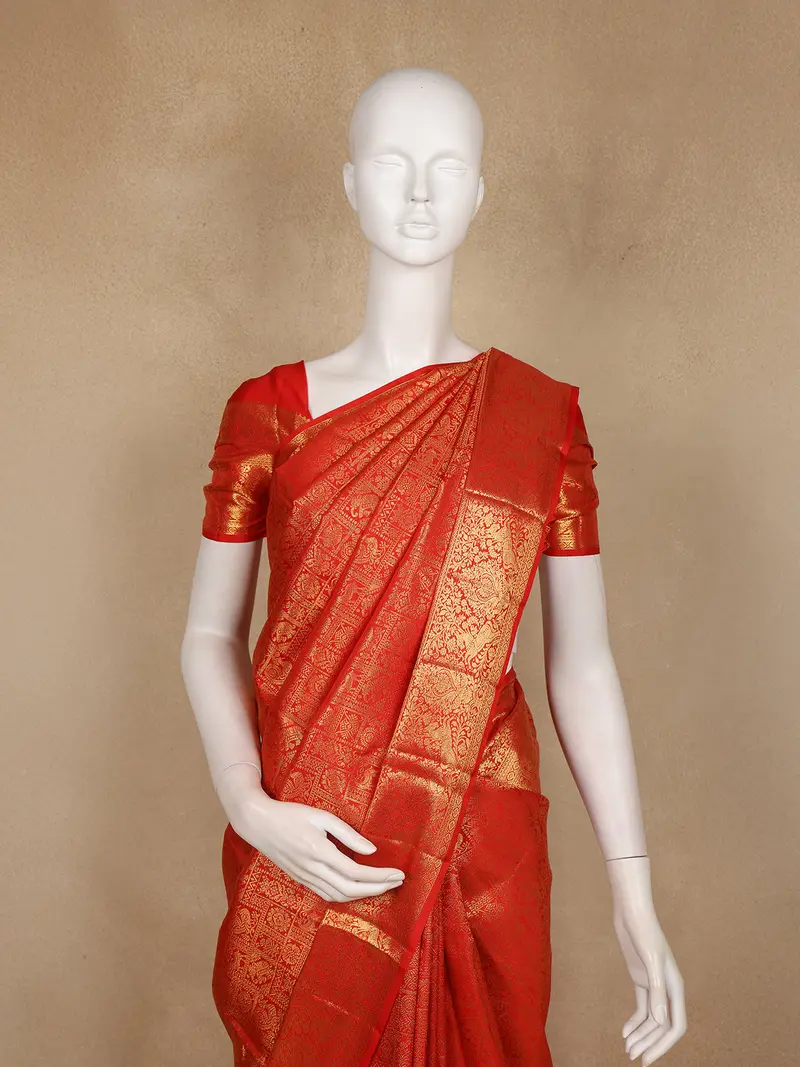 Crimson Red Animal Motif Design Pure Kanchipuram Silk Saree 2