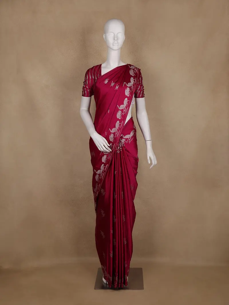 Crimson Red Birds Motif Design Semi Banarasi Silk Saree 1