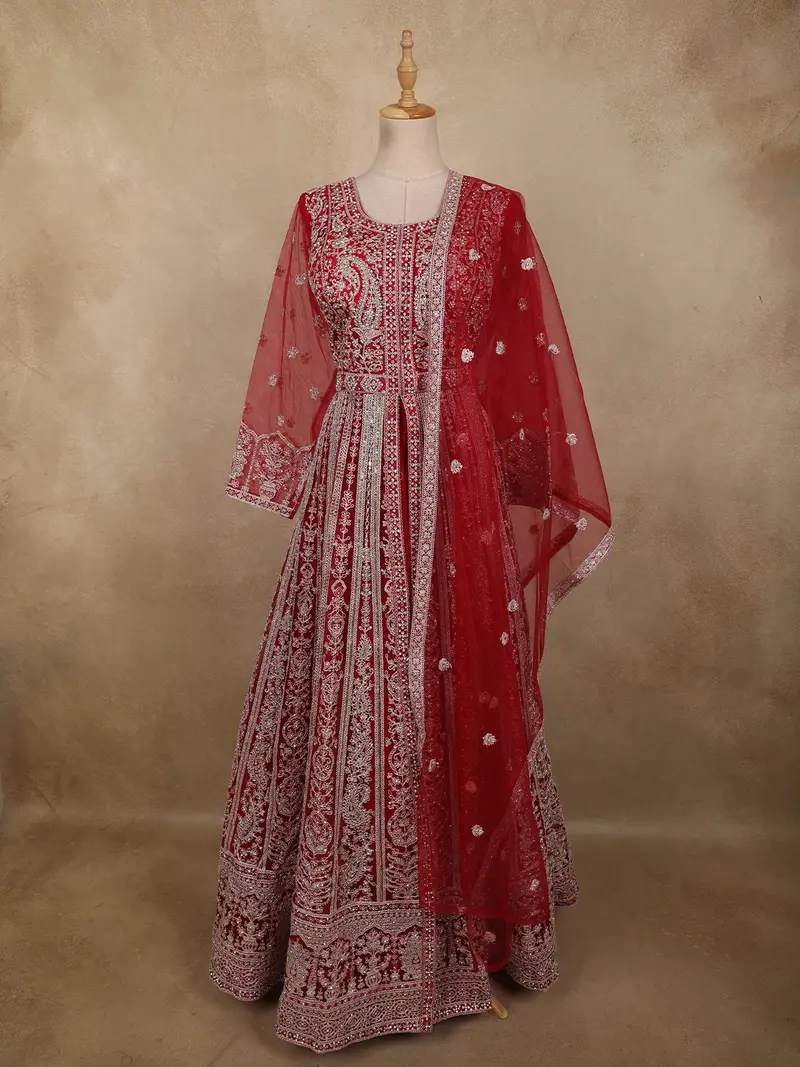 Crimson Red Floral Beads And Zari Embroidered Design Net Mastani Lehenga With Dupatta 1