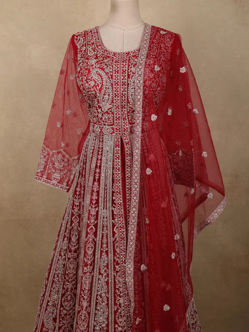 Crimson Red Floral Beads And Zari Embroidered Design Net Mastani Lehenga With Dupatta 2