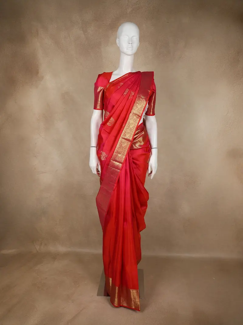 Crimson Red Floral Butta Woven Design Pure Kanchipuram Silk Saree With Contrast Border 1
