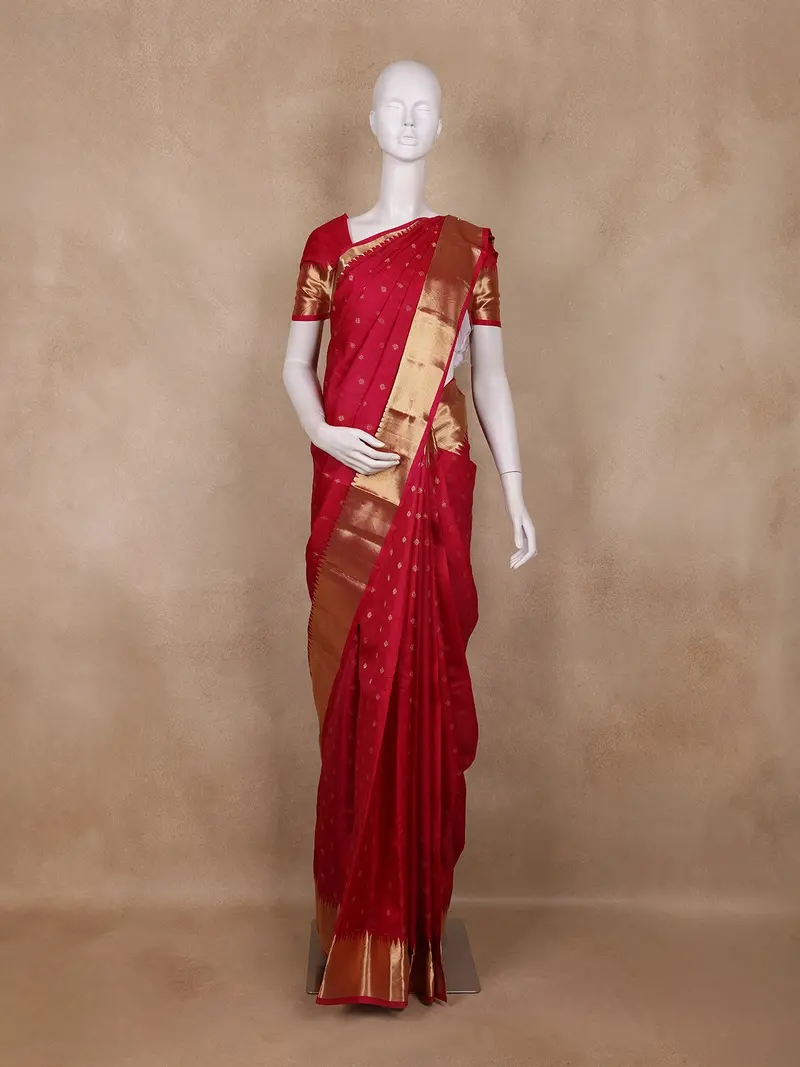 Crimson Red Floral Butta Woven Kanchipuram Silk Saree With Zari Border 1
