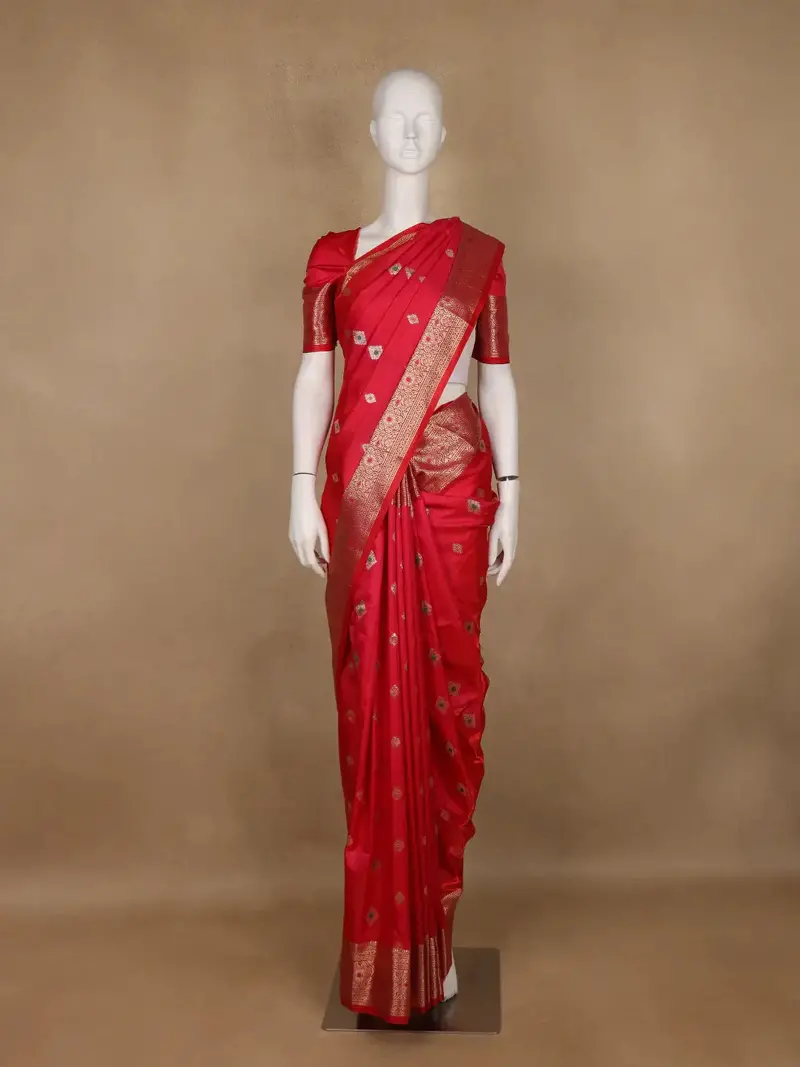 Crimson Red Floral Butta Woven Pure Kanchipuram Silk Saree 1