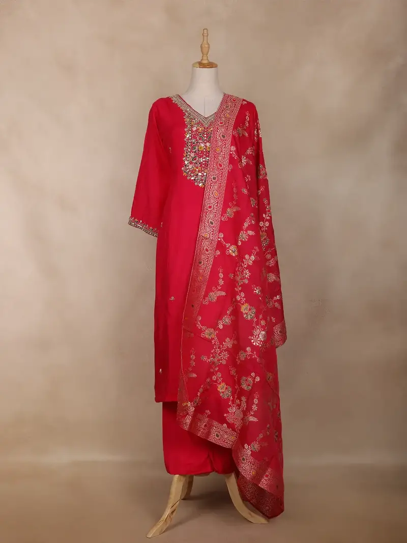 Crimson Red Floral Design Cotton Straight Cut Salwar Suit 1