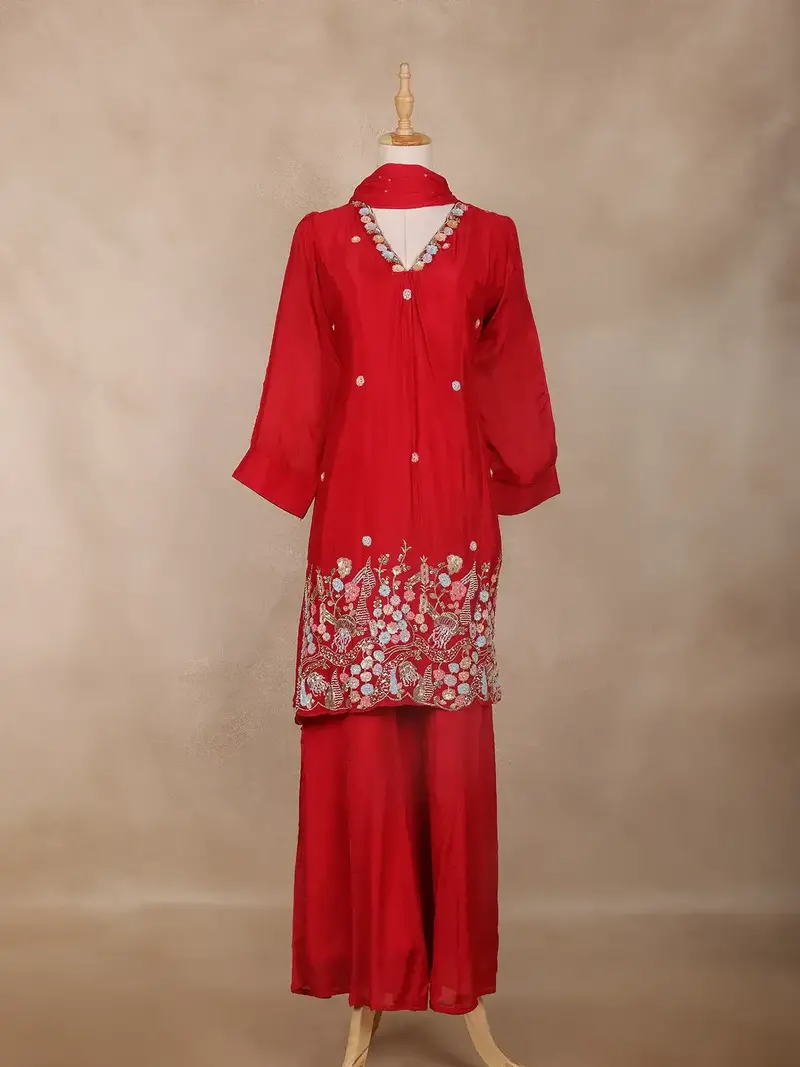 Crimson Red Floral Design Georgette Sharara Salwar Suit 1