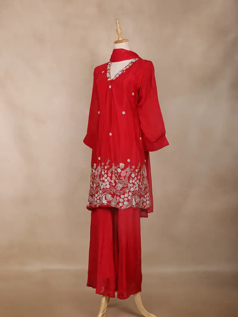 Crimson Red Floral Design Georgette Sharara Salwar Suit 2