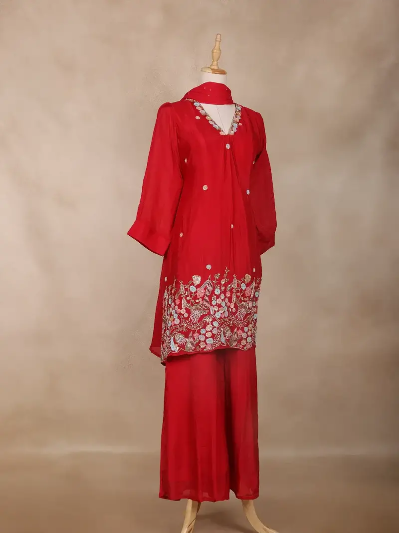 Crimson Red Floral Design Georgette Sharara Salwar Suit 3
