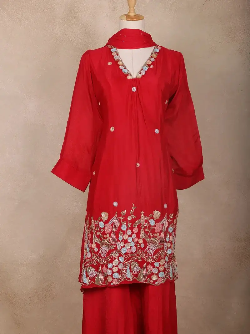 Crimson Red Floral Design Georgette Sharara Salwar Suit 4
