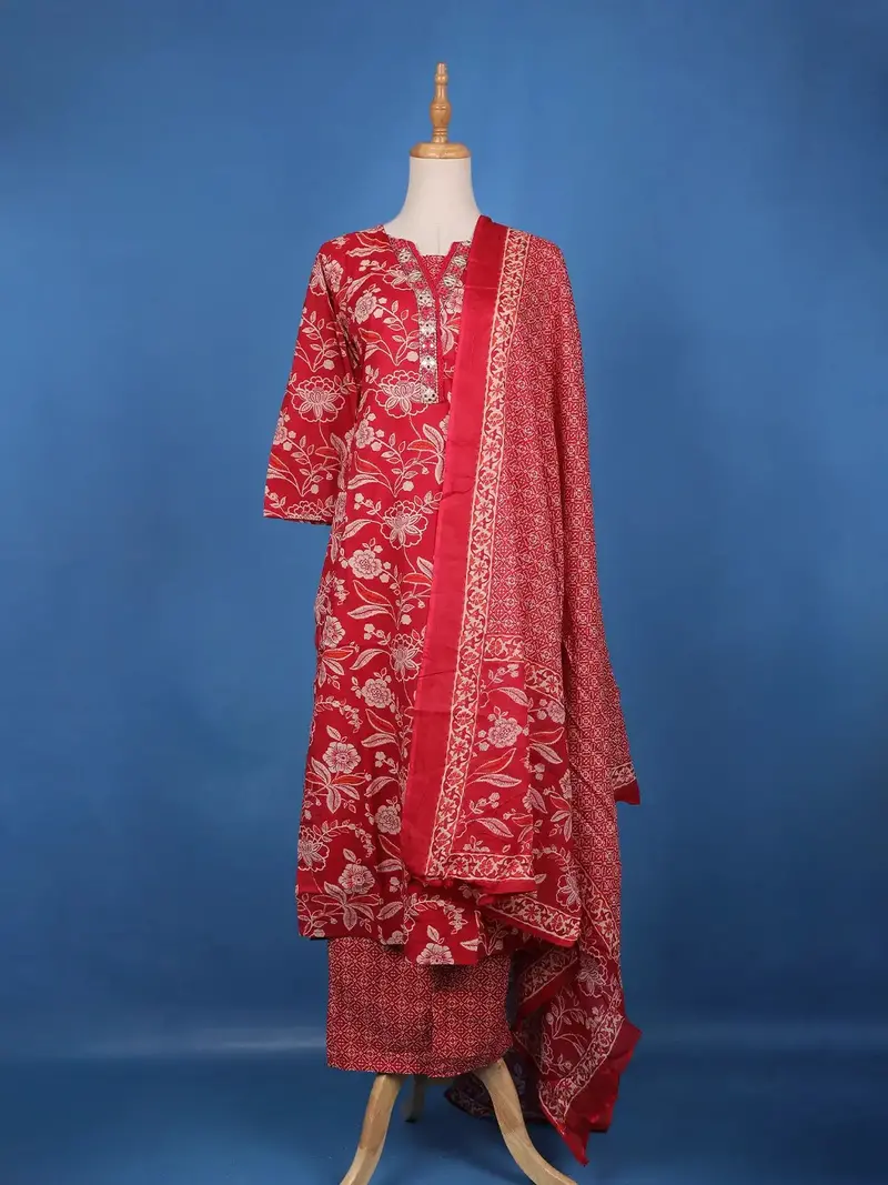 Crimson Red Floral Design Printed Cotton Salwar Suit 1