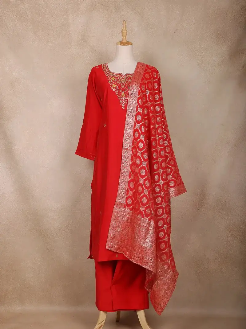 Crimson Red Floral Design Silk Cotton Straight Cut Salwar Suit 1