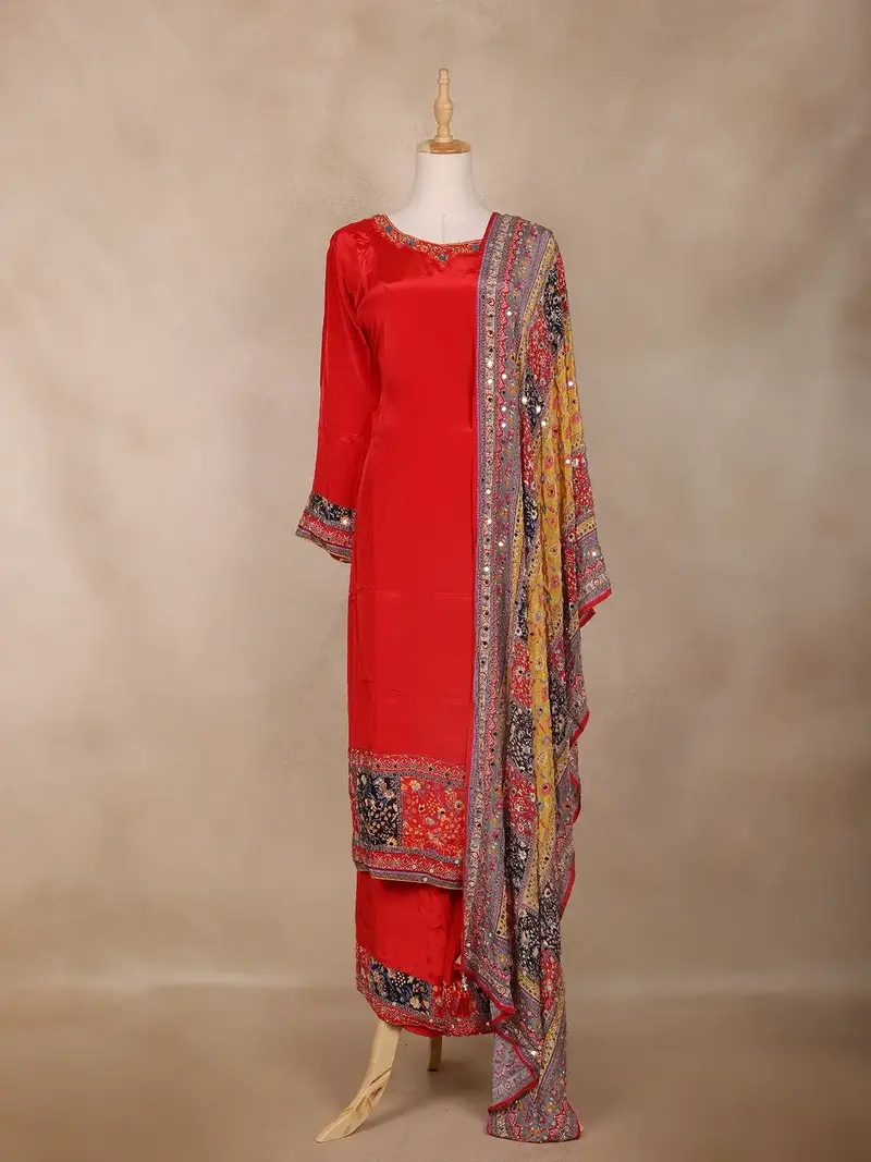 Crimson Red Floral Design Synthetic Straight Cut Salwar Suit 1