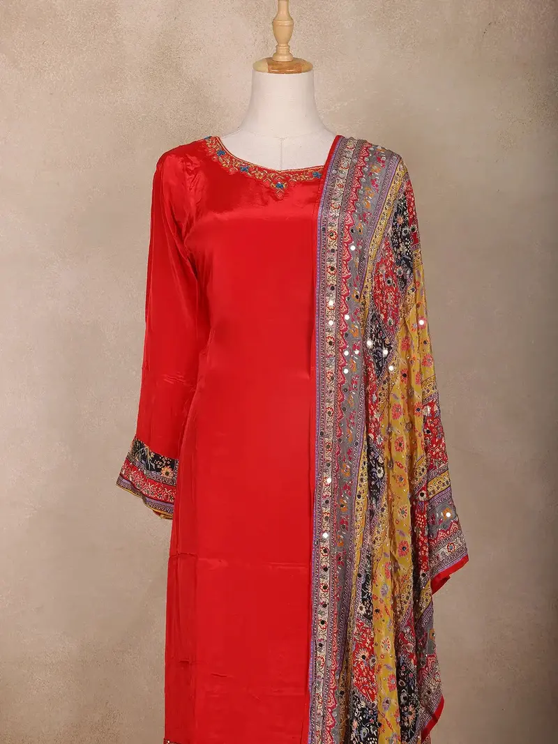 Crimson Red Floral Design Synthetic Straight Cut Salwar Suit 2
