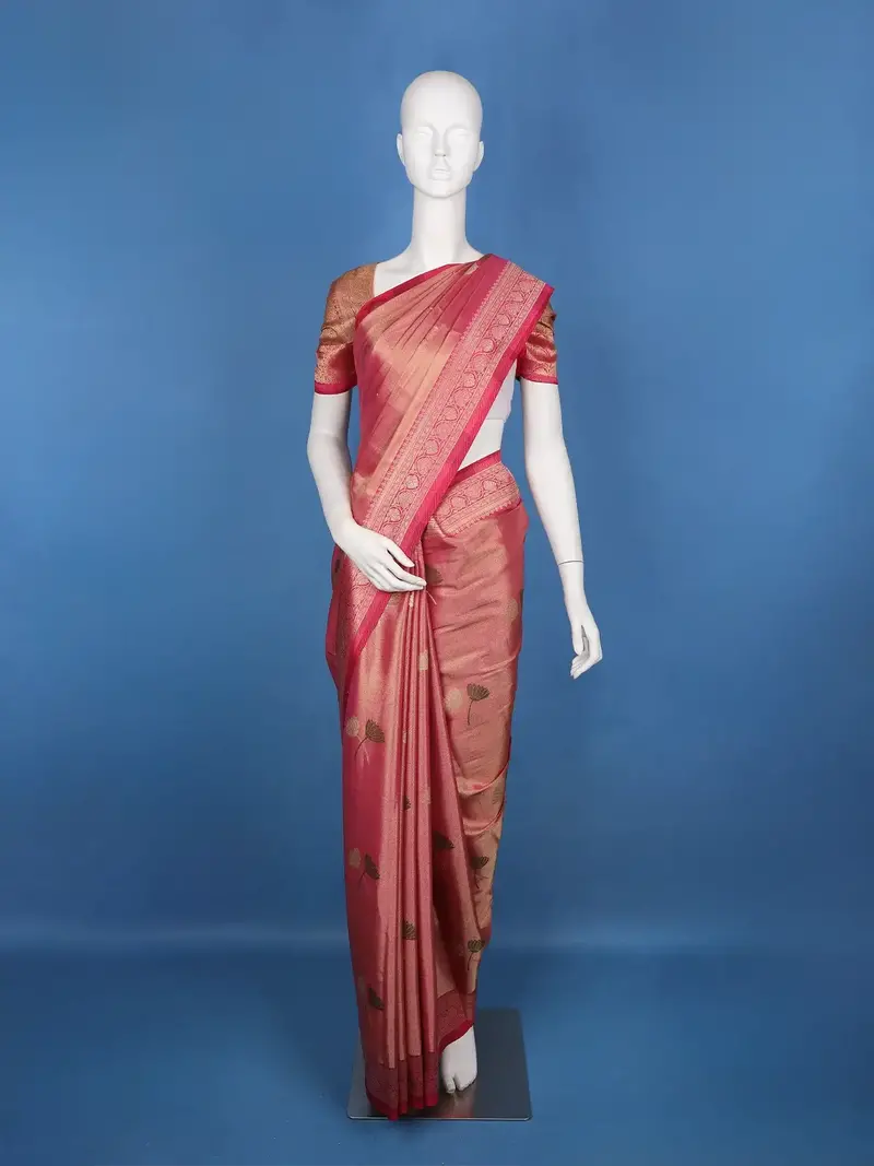 Crimson Red Floral Designed Zari Border Soft Silk Saree 1