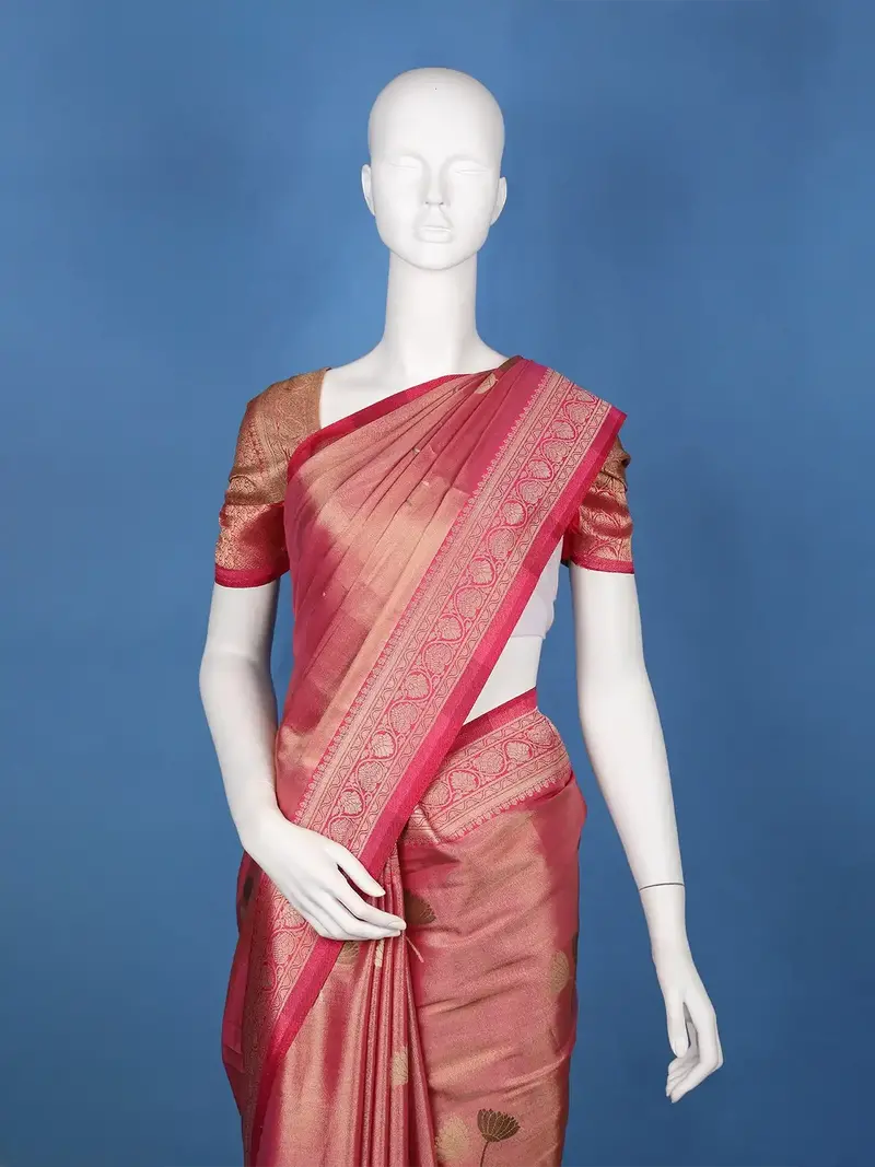 Crimson Red Floral Designed Zari Border Soft Silk Saree 2