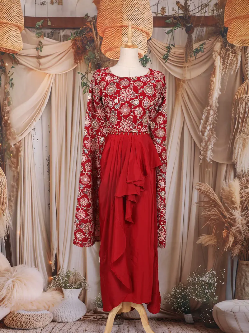 Crimson Red Floral Embroidered Design Georgette Skirt Top 1