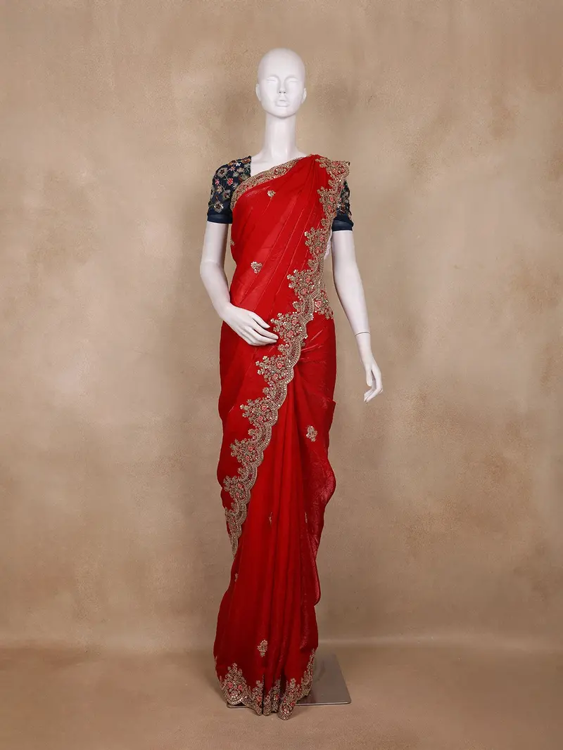 Crimson Red Floral Embroidered Tissue Organza Saree With Navy Blue Floral Blouse 1